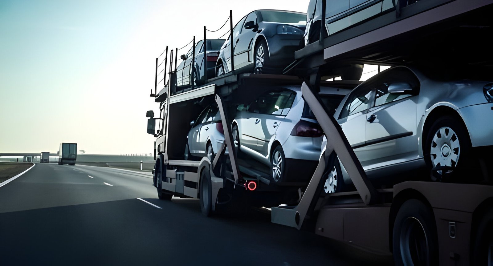 A car carrier truck loaded with cars, moving on main highway